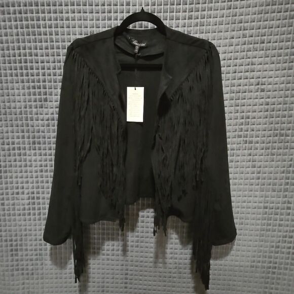 Faux Suede Leather Fringe Jacket SzM Baccini NWT Open Black Biker Western Rock - Picture 1 of 14